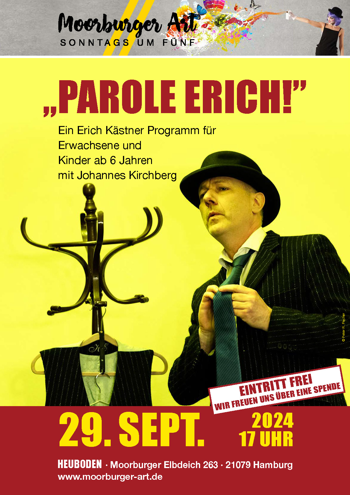 24 09 01 Plakat A3 29 Sept 91497 Parole Erich – ein Erich Kästner Programm mit Johannes Kirchberg für kleine Menschen und solche, die nicht mehr wachsen